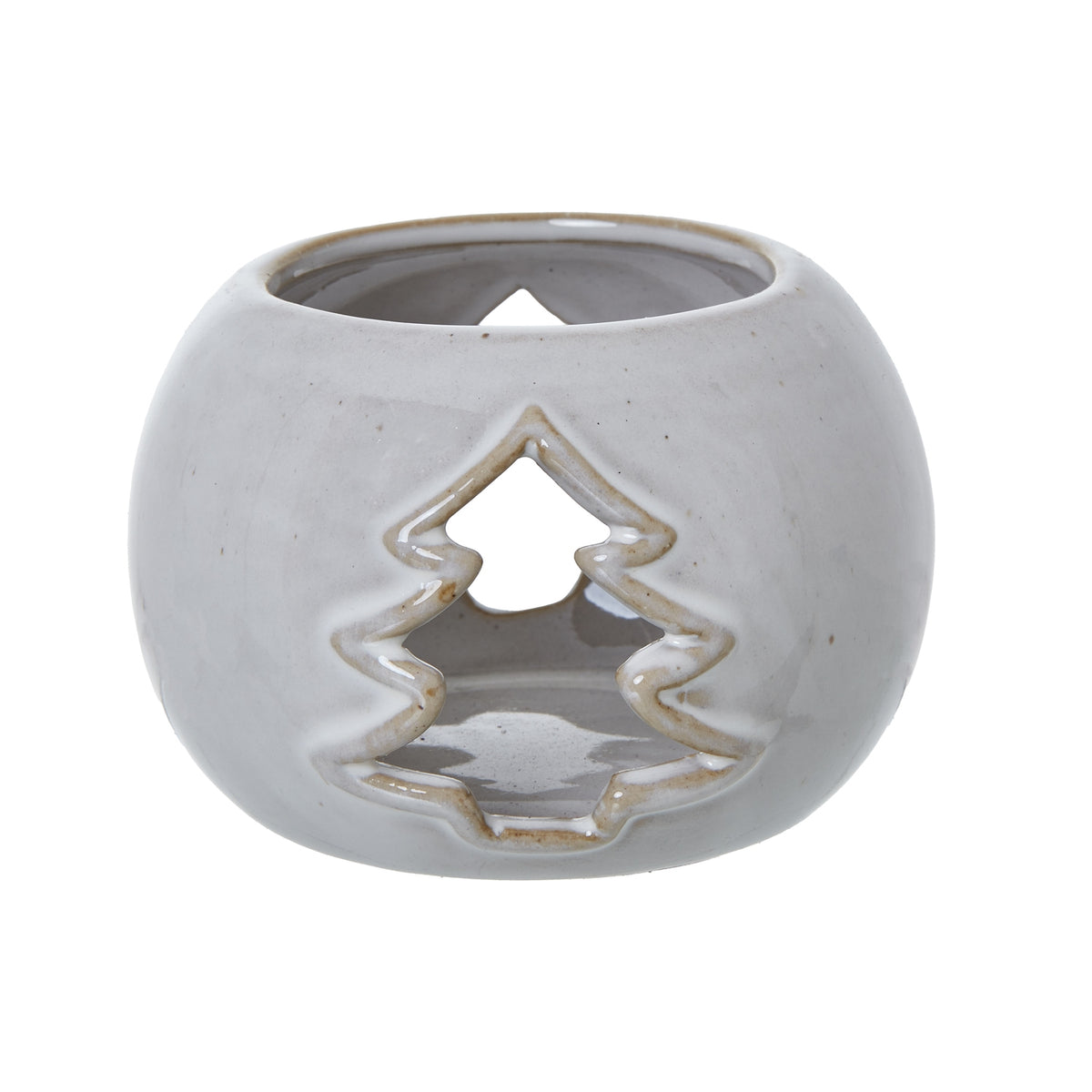 Front view of a rounded off-white candle holder with brown speckles, an open top and a tan-edged tree cut-out.