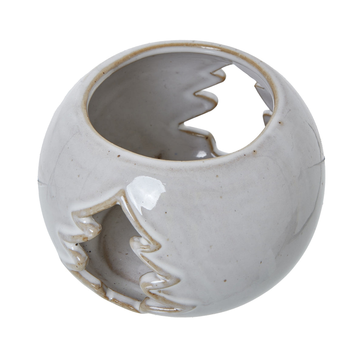 Angled view into the open top of the glossy speckled candle holder, showing tree-shaped openings on opposite sides.