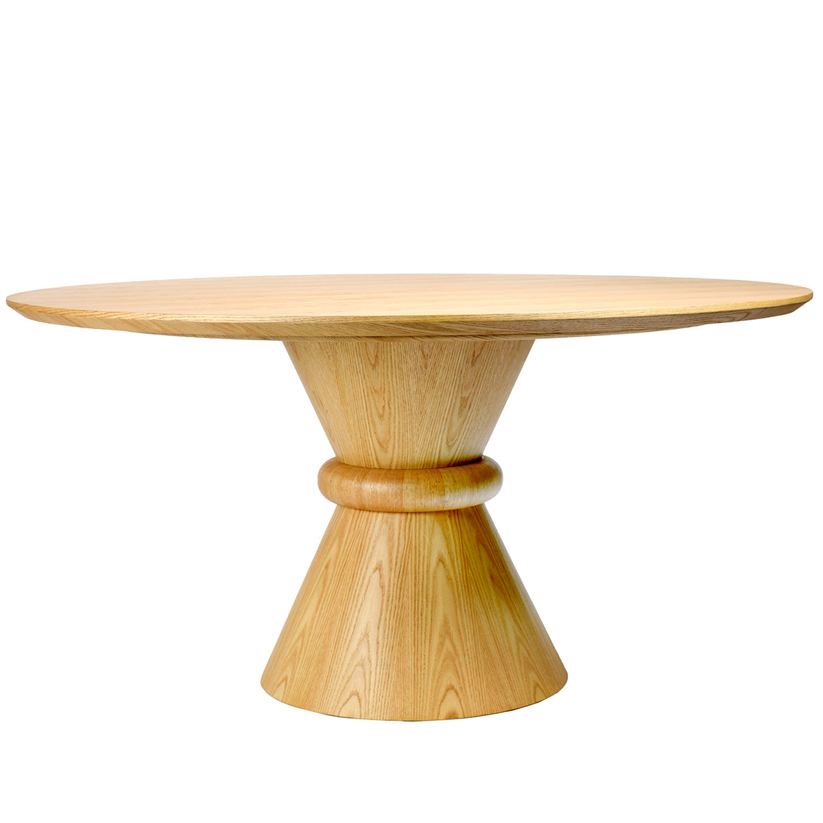 Low front view of the table showing its slim tabletop edge and flared central pedestal.