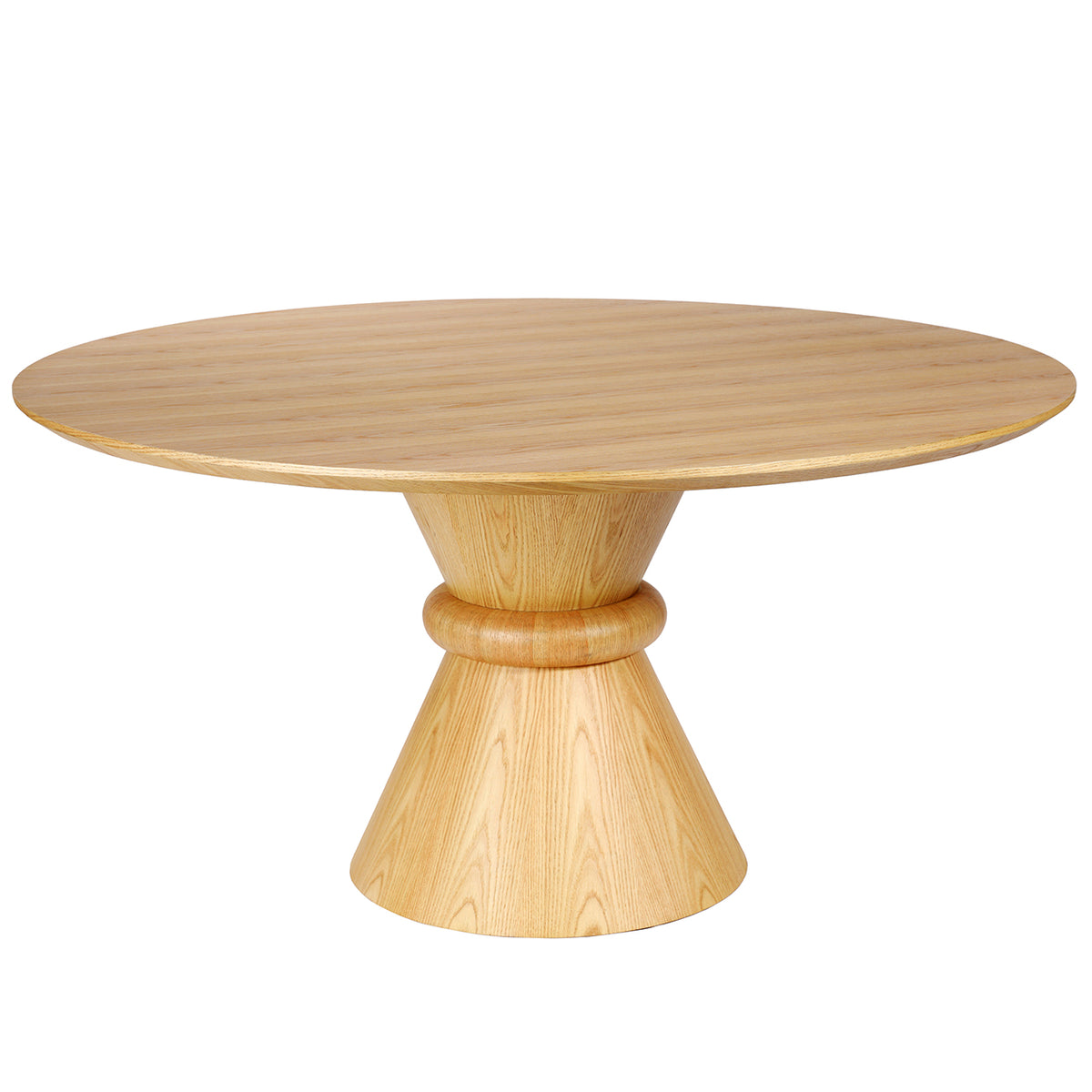 Roundel dining table with a circular oak veneer top and hourglass pedestal with a rounded waist ring.