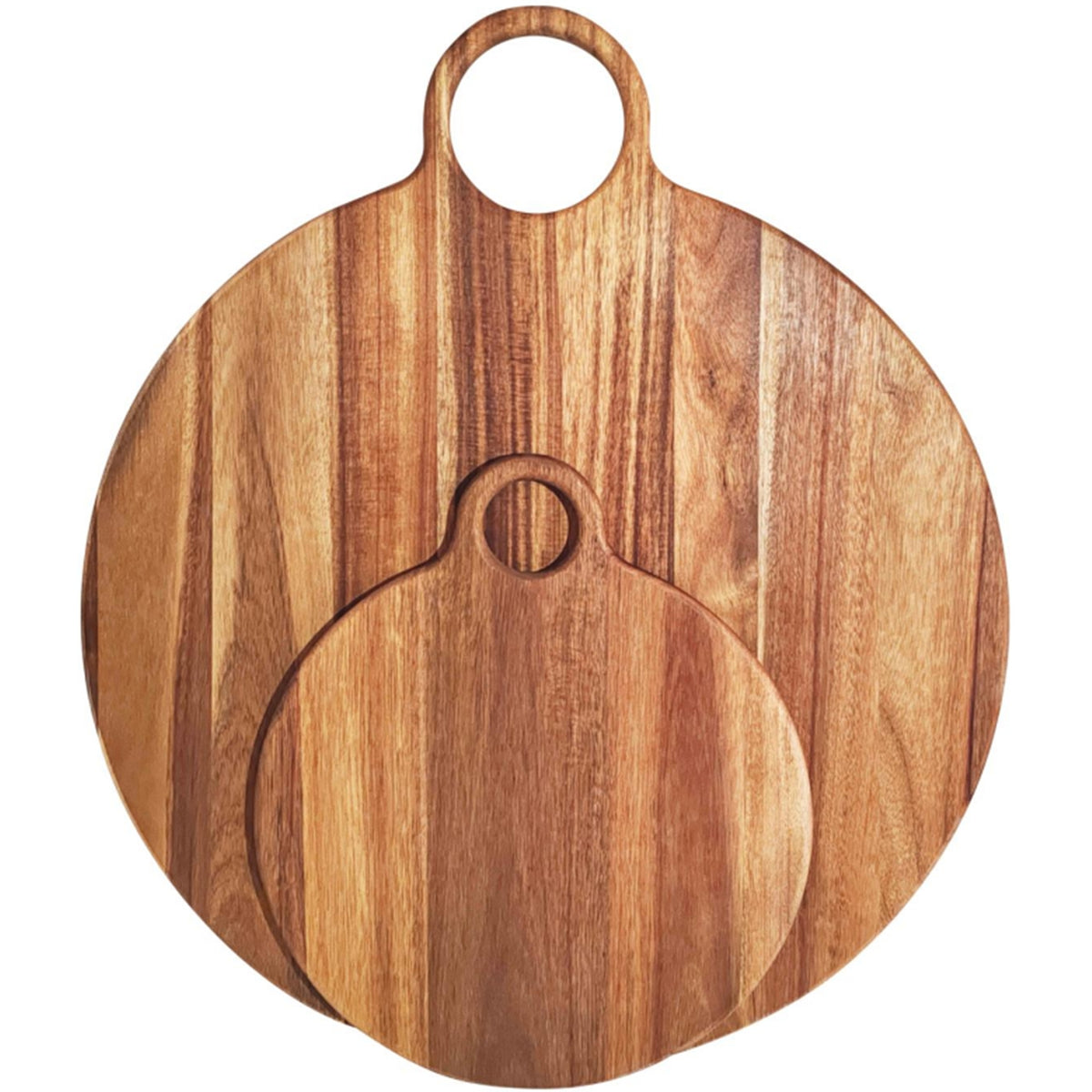 Two overlapping round brown boards with circular handle openings, the smaller board in front of the larger, showing contrasting vertical grain against white.
