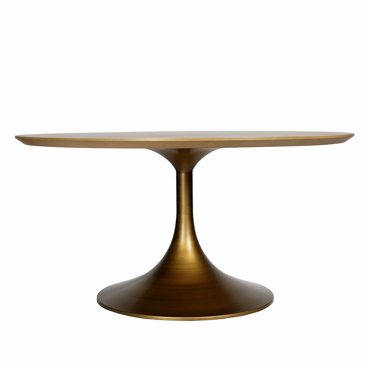 Side view of the dining table showing the slim tabletop edge and central pedestal widening into a bell-shaped foot.