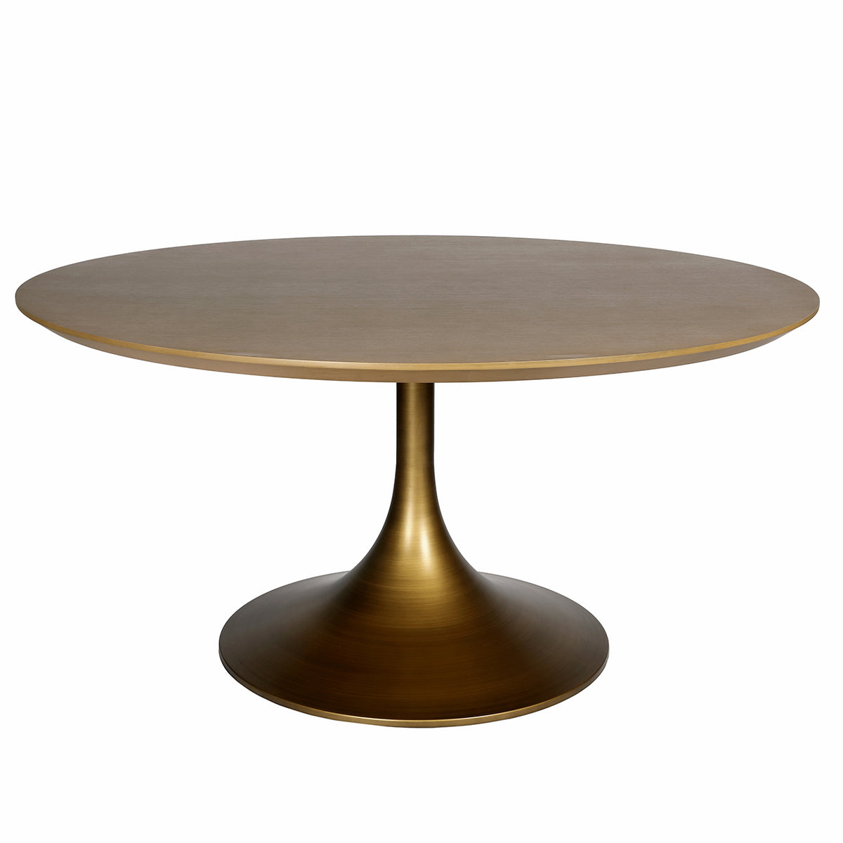 Roundhouse dining table in an angled view, showing its circular light wood-grain top and flared antique-brass pedestal.