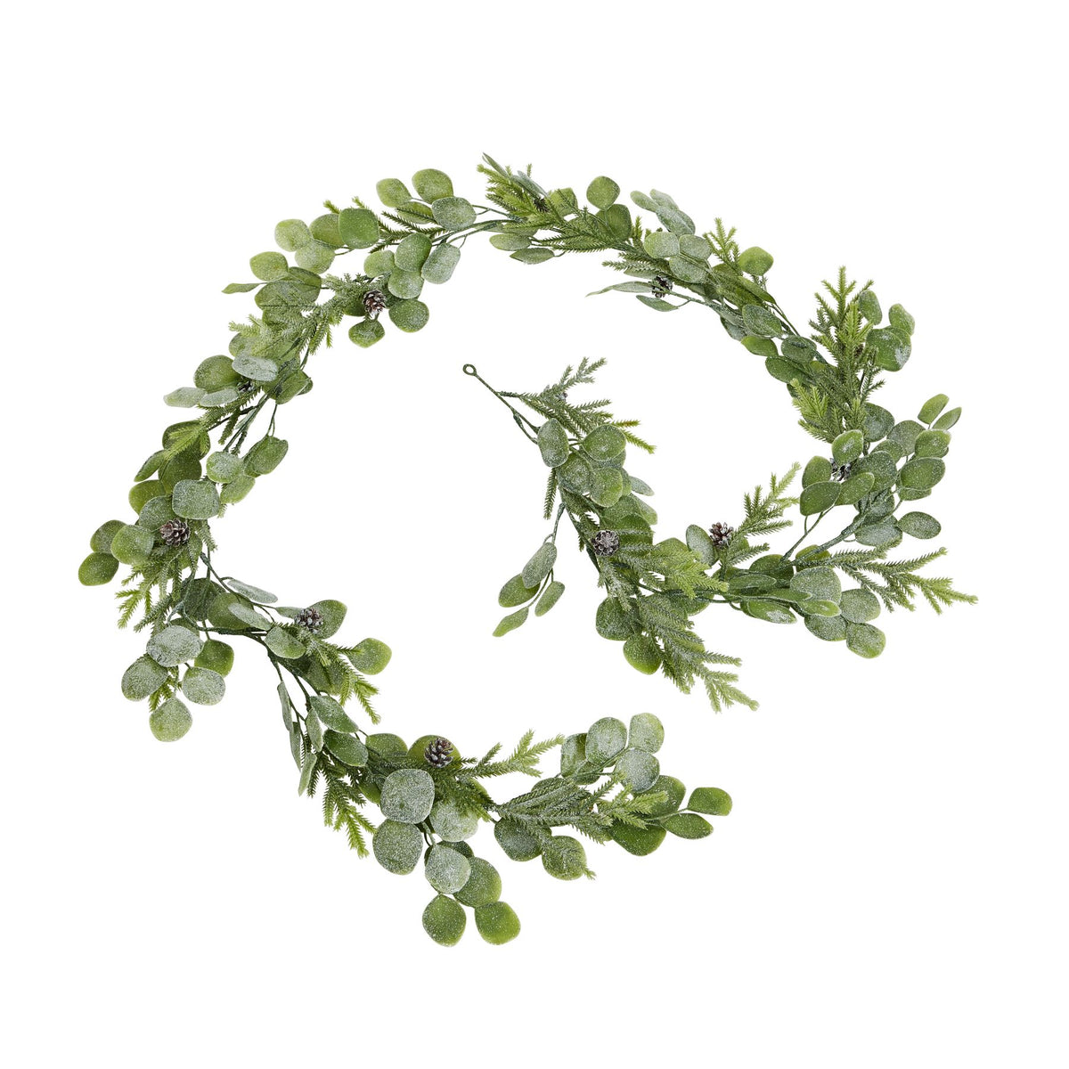 Roundleaf Trail foliage garland arranged in a loose spiral on white, showing rounded green leaves, fine sprigs, small pinecones and an end loop.