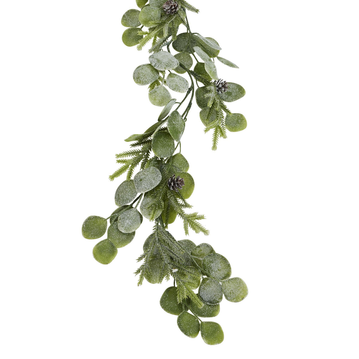 Close-up of the garland's overlapping rounded leaves, needle-like green sprigs and brown pinecones with a pale frosted appearance.