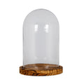 Empty clear cylindrical cloche with a rounded domed top on a shallow brown circular tray with a raised edge and contrasting grain, against a white background.
