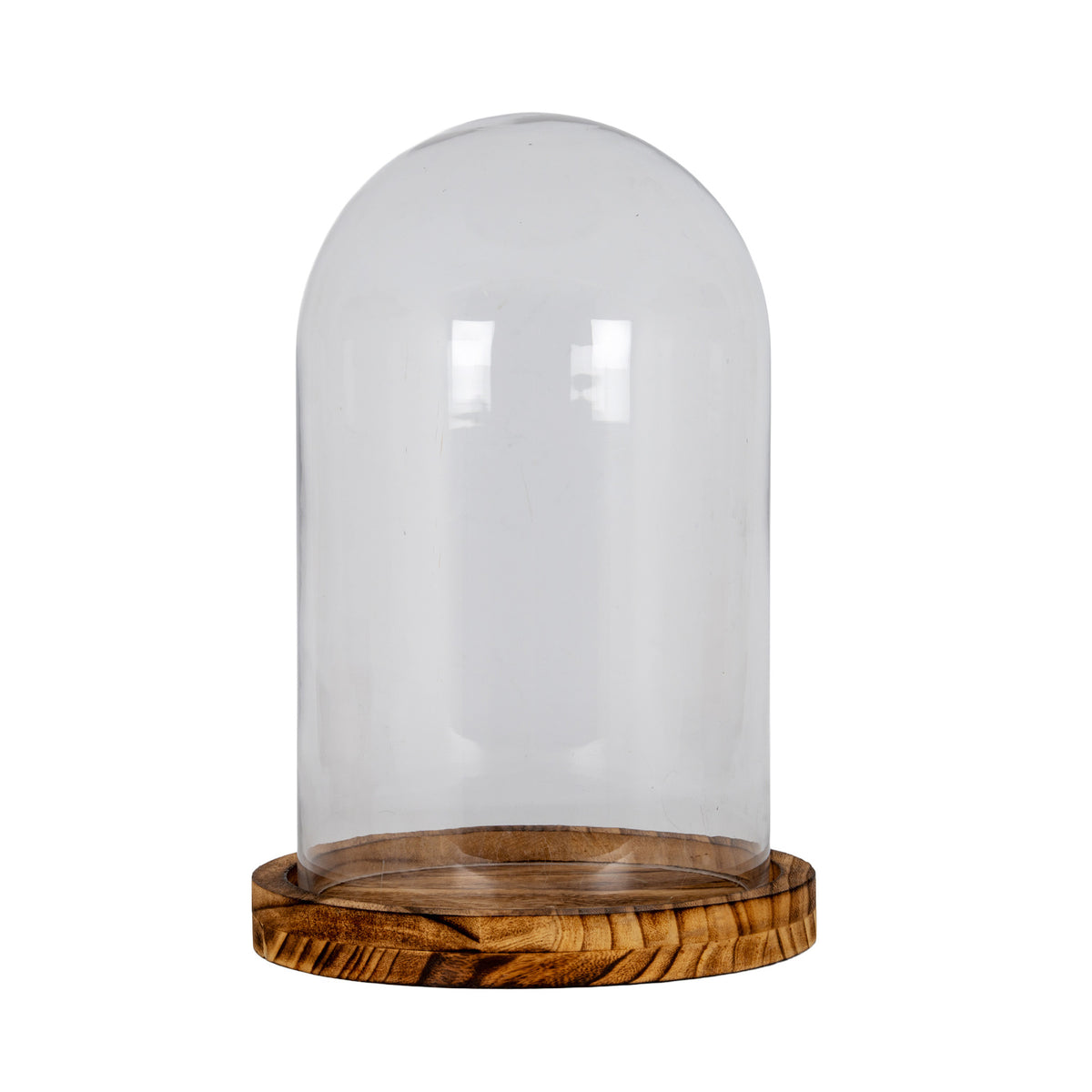 Empty clear cylindrical cloche with a rounded domed top on a shallow brown circular tray with a raised edge and contrasting grain, against a white background.