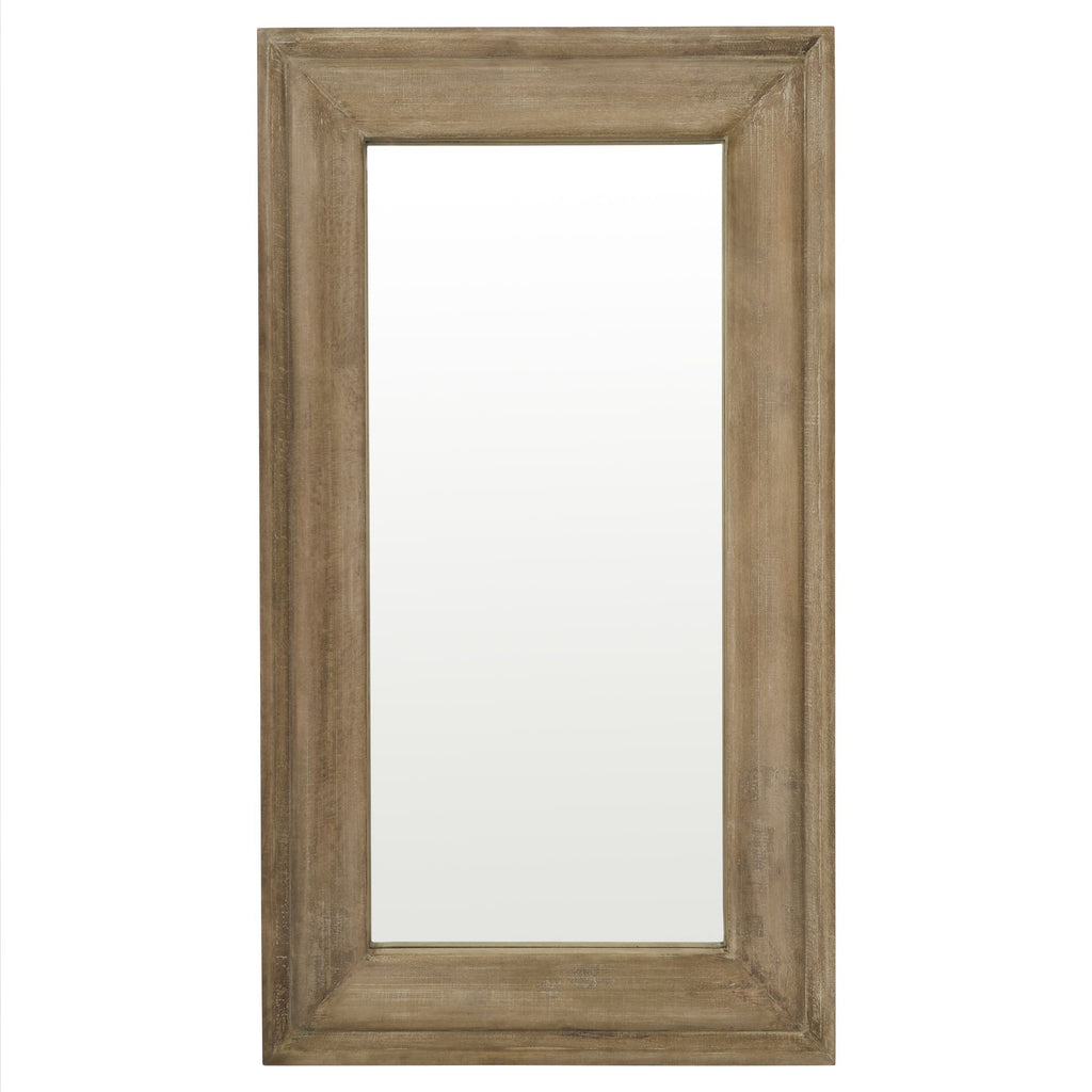 Front view of the tall rectangular wall mirror with a broad moulded brown frame and pale rubbed markings.