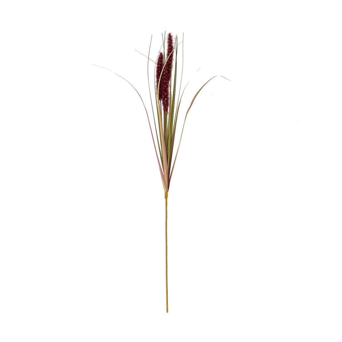 Full Ruby Plume artificial spray on white, with ruby plumes, arching multicoloured blades and a long ochre-brown lower stem.