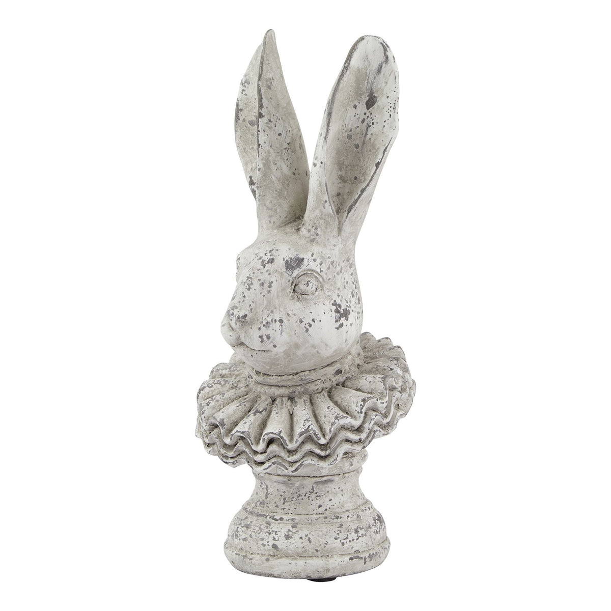 Full view of an off-white and grey hare bust with long upright ears, a layered ruff and a rounded pedestal against a white background.