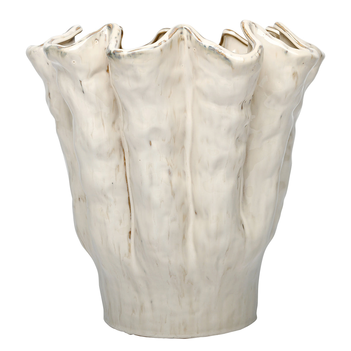 Front view of the cream and white Ruffle Vase with deep vertical folds, a flared wavy rim and broad foot.
