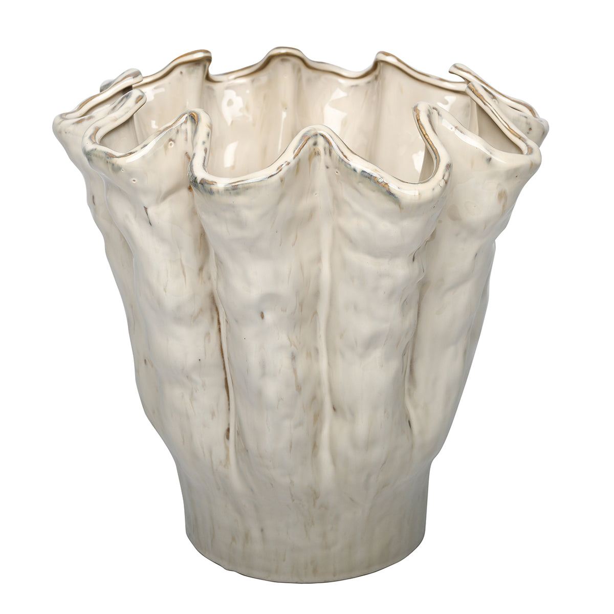 Elevated view of the Ruffle Vase showing its broad opening, glossy pale interior and folded sides.