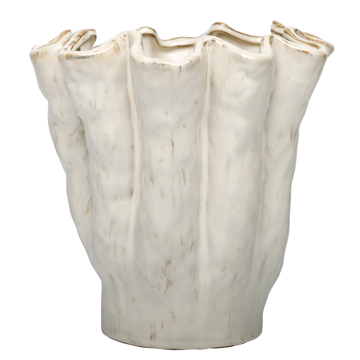 White and cream vase viewed from the front, showing deep vertical folds, an uneven ruffled rim and a narrower foot.