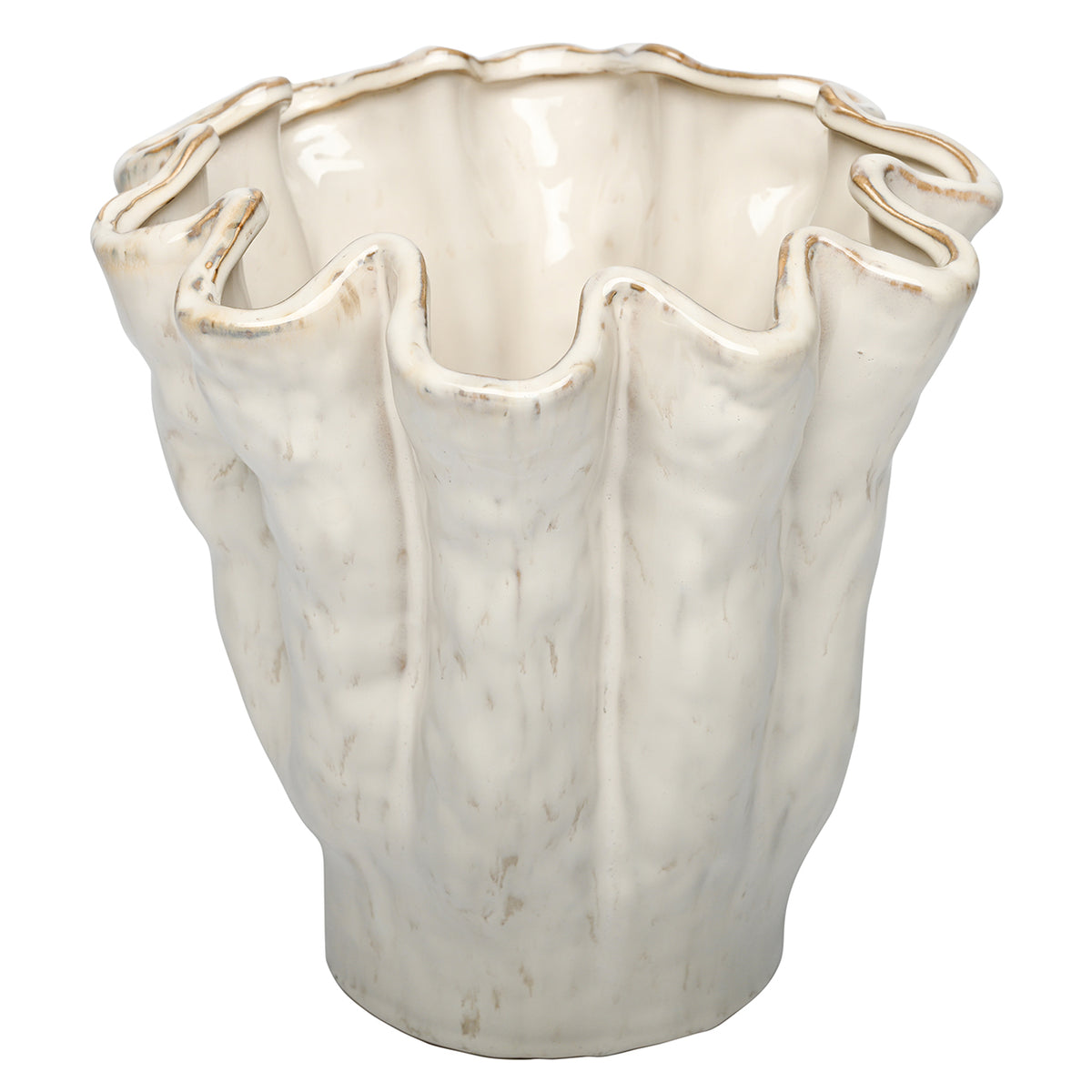 Elevated view of the ruffle vase showing its wide glazed opening and curled, brown-edged rim.