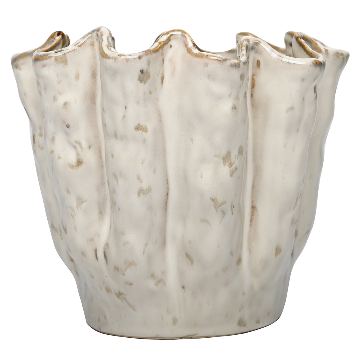 Front view of the cream and white Ruffle Vase, showing broad vertical folds, a scalloped rim and rounded foot.