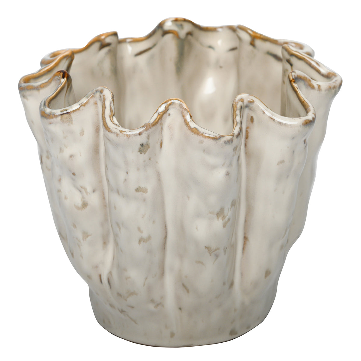 Elevated view of the Ruffle Vase showing its wide opening, glossy interior and uneven folded rim.