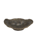 Dark bronze decorative bowl viewed from above at an angle, showing its shallow interior and irregular textured rim.