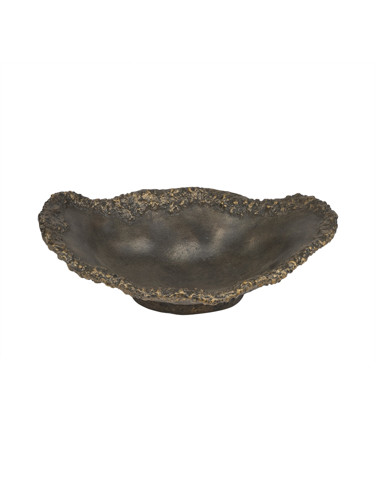 Dark bronze decorative bowl viewed from above at an angle, showing its shallow interior and irregular textured rim.
