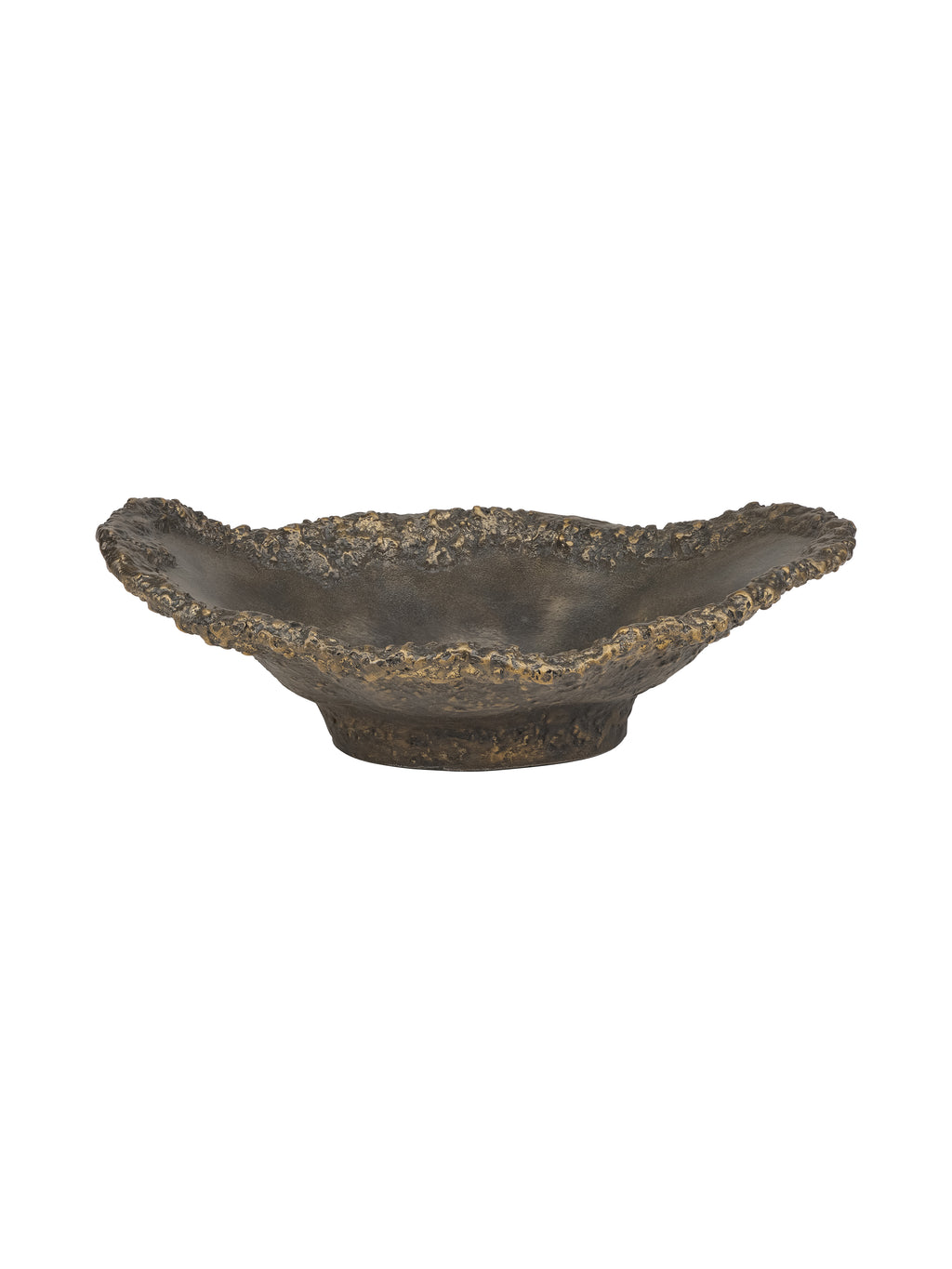 Low side view of the dark bronze bowl, showing its uneven raised edges and short circular base.