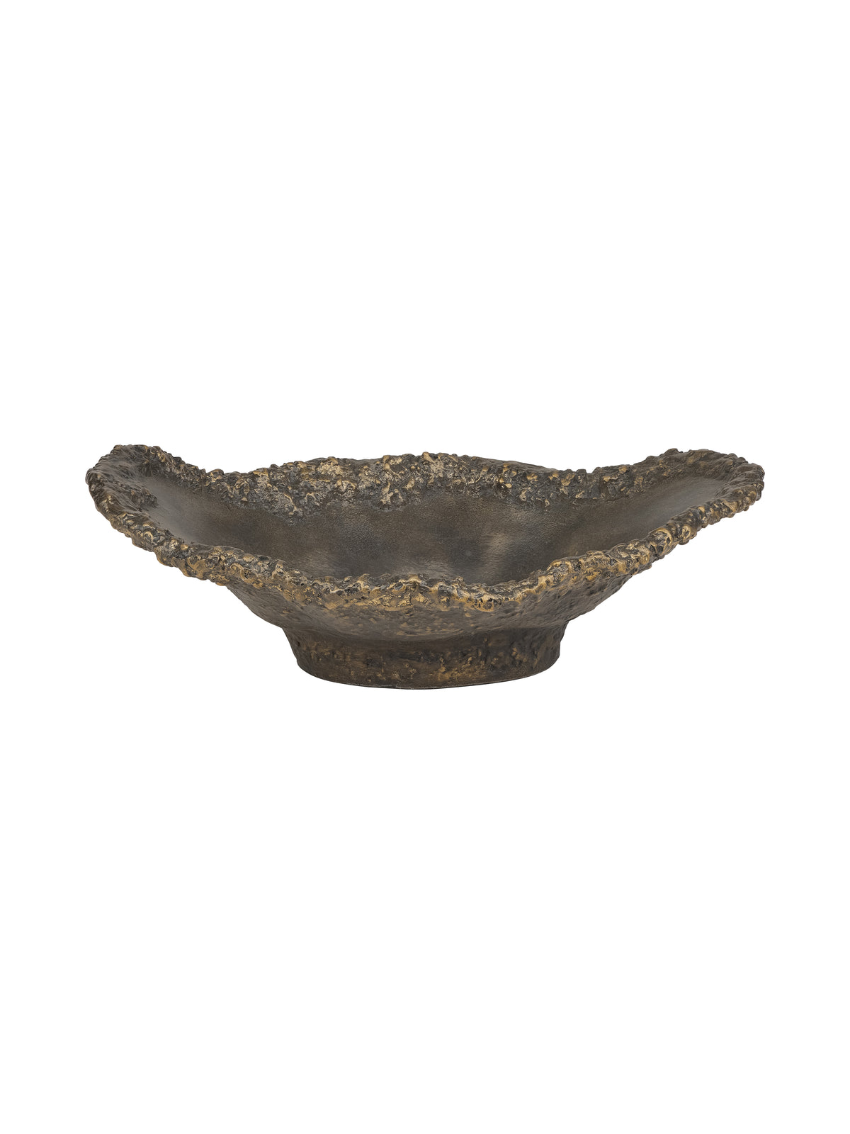 Low side view of the dark bronze bowl, showing its uneven raised edges and short circular base.