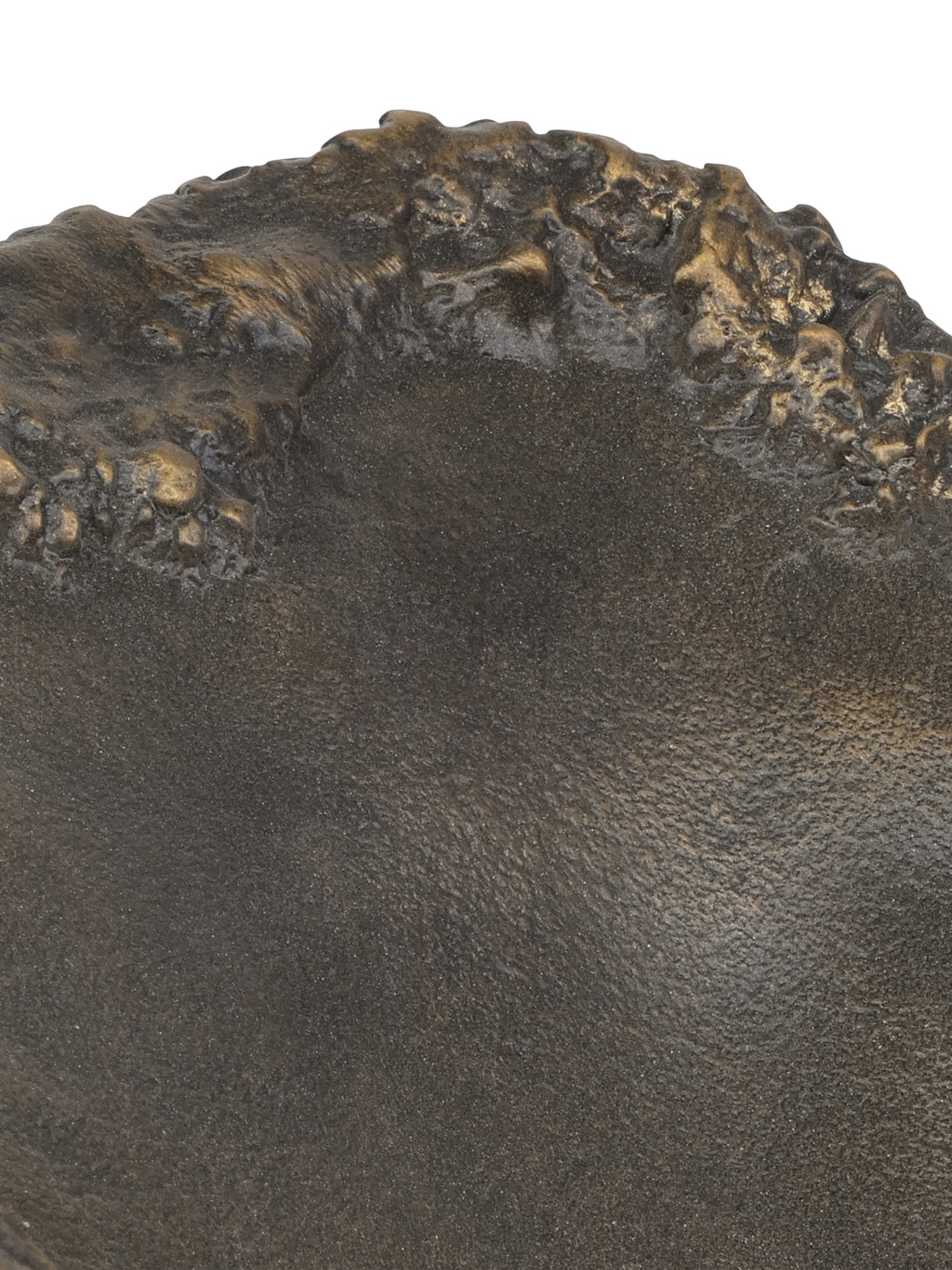 Close-up of the bowl's dark textured interior and rugged rim with warm metallic highlights.