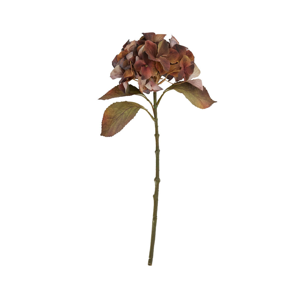 Full artificial flower stem against white, with a rounded russet and tan floret head and green-brown leaves.