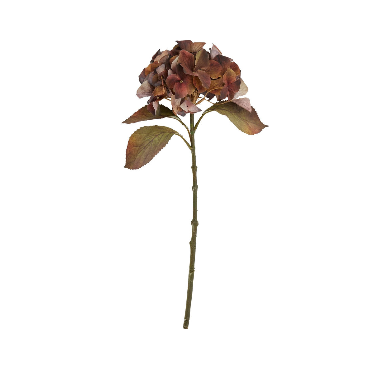 Full artificial flower stem against white, with a rounded russet and tan floret head and green-brown leaves.