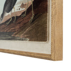 Angled close-up of the print's lower right corner, showing the birds' feet, textured pale border and grain-like tan-gold frame with beaded trim.