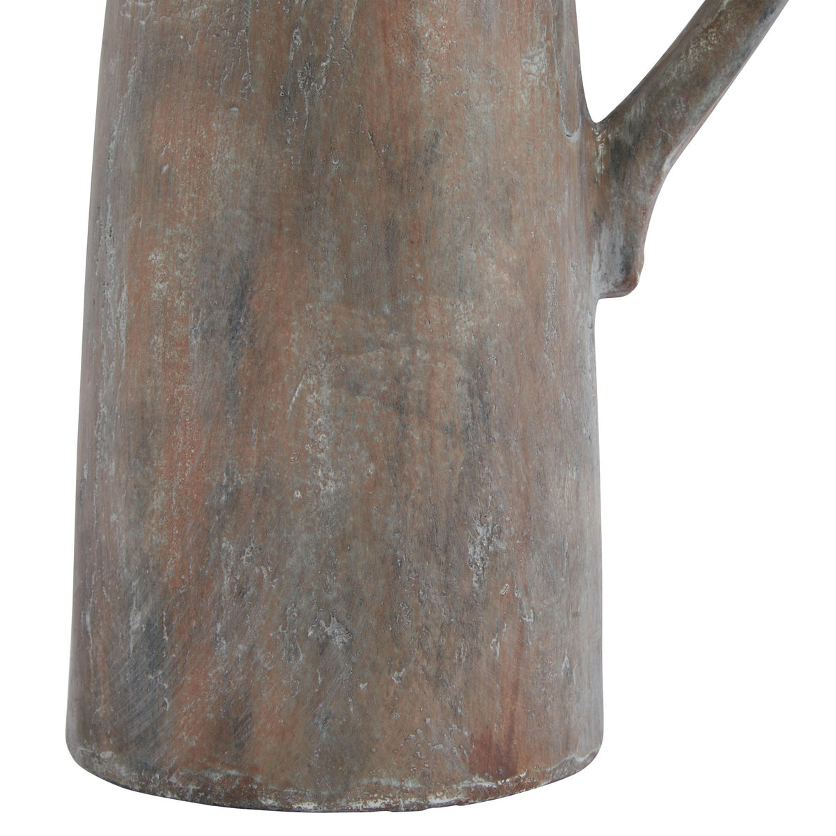 Detail of the jug's lower body and base, with pale grey flecks and dark vertical streaks over a rust-brown finish.