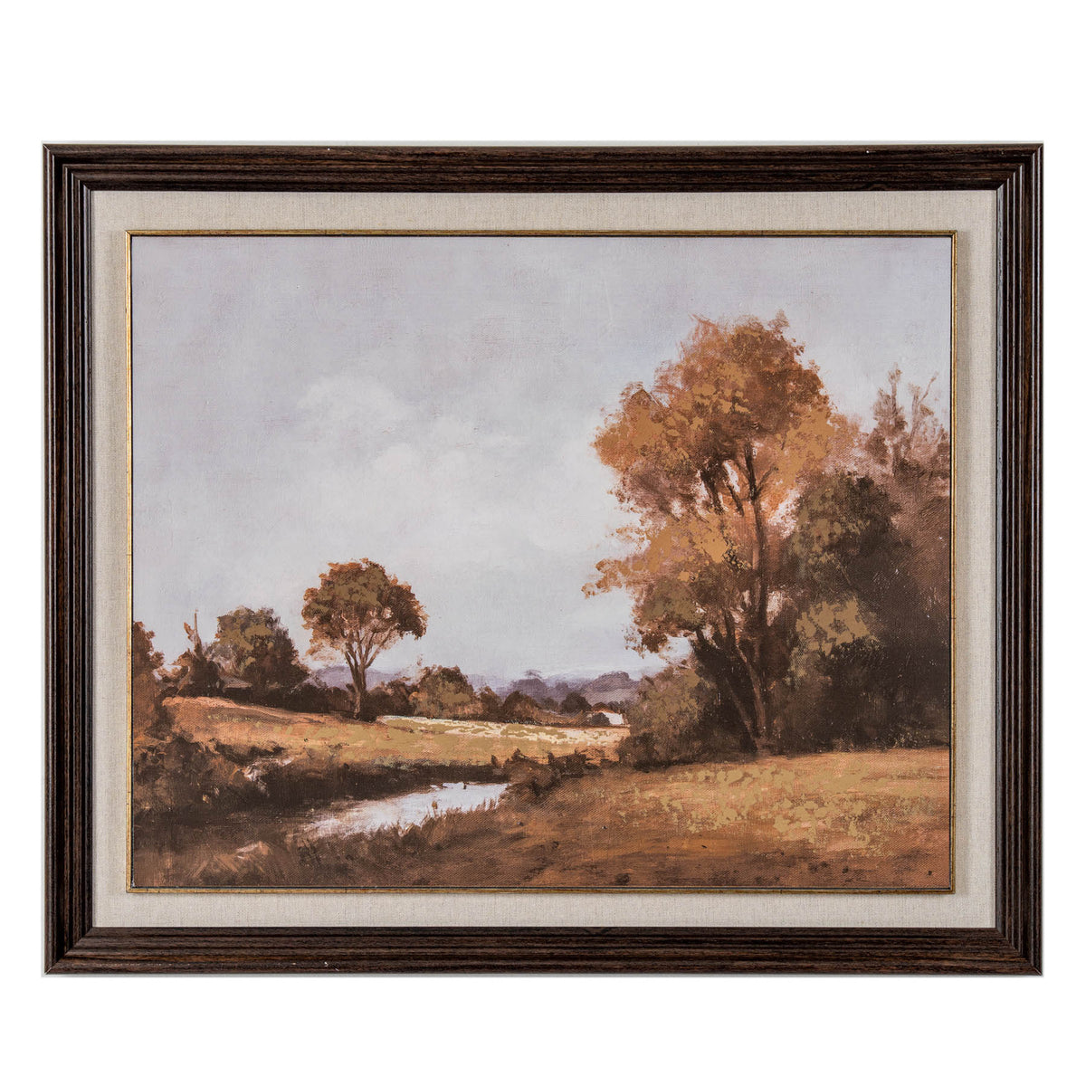 Front view of a landscape artwork showing rust-orange trees, brown fields and a pale stream beneath a grey sky, surrounded by a pale border and dark brown stepped frame.