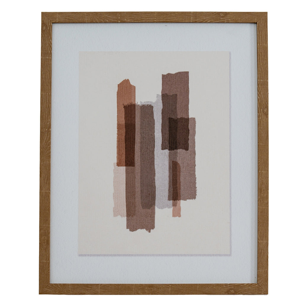 Front view of portrait artwork with overlapping rust, brown, taupe and grey vertical blocks, a broad pale surround and a brown frame.