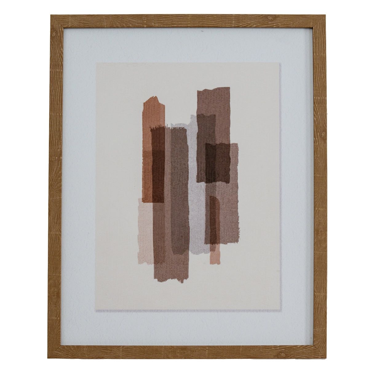 Front view of portrait artwork with overlapping rust, brown, taupe and grey vertical blocks, a broad pale surround and a brown frame.