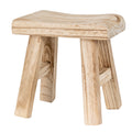 Pale tan stool viewed almost straight on, showing a curved seat, four splayed legs and side crossbars against white.