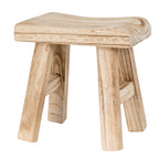 Pale tan stool viewed almost straight on, showing a curved seat, four splayed legs and side crossbars against white.