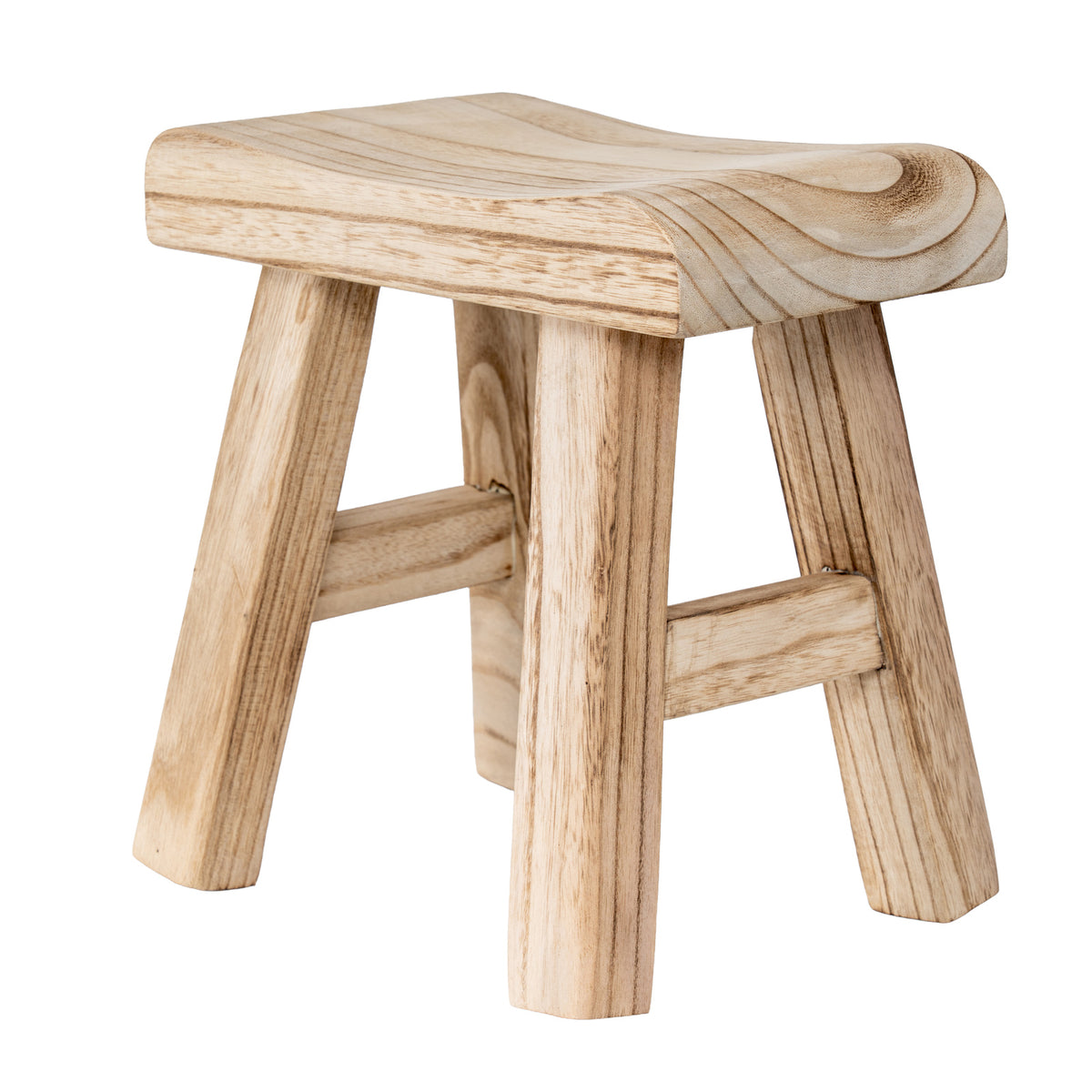 Angled view of the stool showing the thick rounded seat corner, sweeping darker grain and crossbars between the legs.