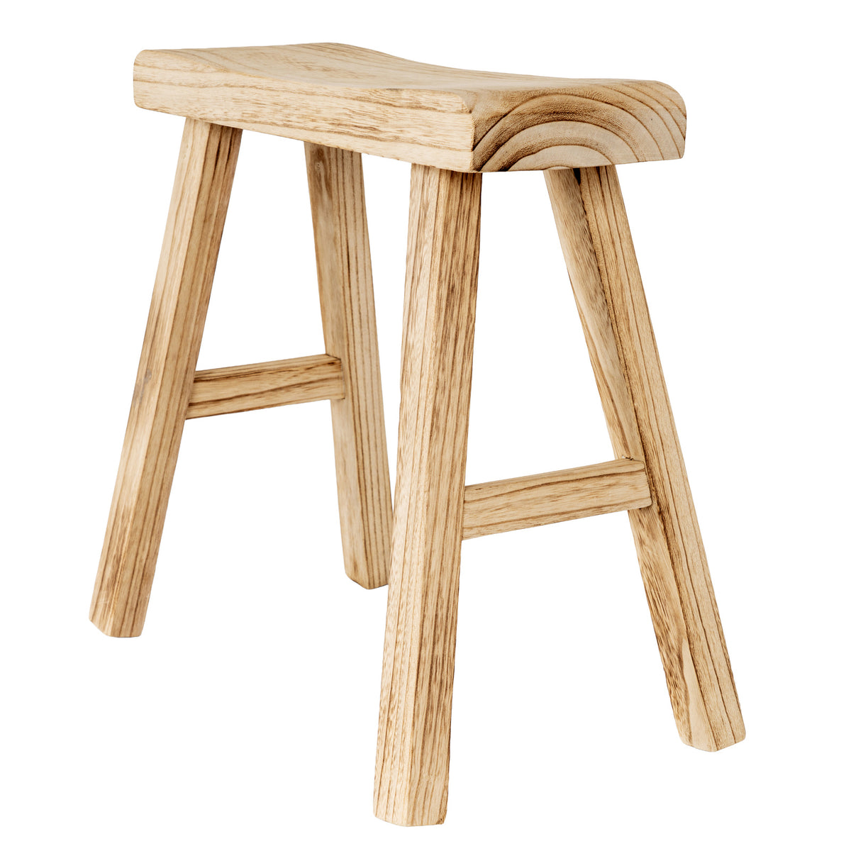 Angled view of a pale tan stool with a thick saddle-shaped seat, four splayed legs and two low crossbars against white.