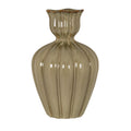 Glossy sage-olive vase on a white background, with a broad ribbed body, pinched neck and scalloped mouth edged with amber-brown accents.