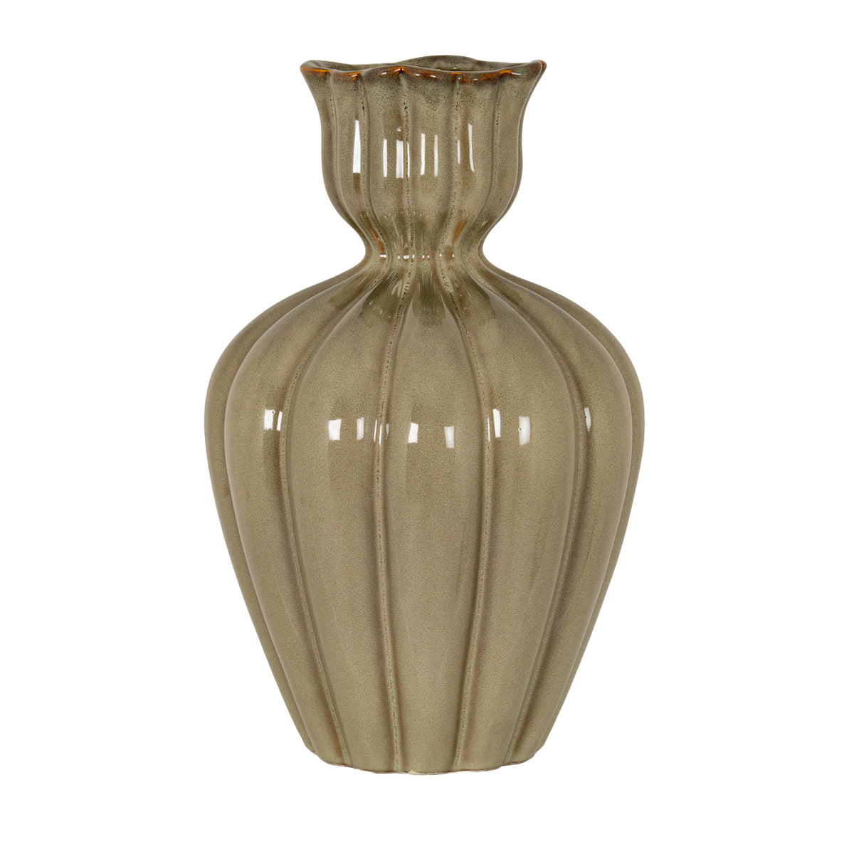 Glossy sage-olive vase on a white background, with a broad ribbed body, pinched neck and scalloped mouth edged with amber-brown accents.