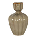 Glossy sage-olive vase on a white background, with vertical ribs, rounded shoulders, a narrow neck and a tall scalloped mouth edged in amber-brown.