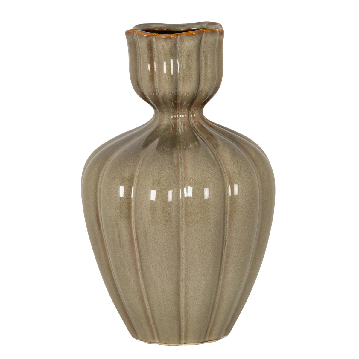 Glossy sage-olive vase on a white background, with vertical ribs, rounded shoulders, a narrow neck and a tall scalloped mouth edged in amber-brown.