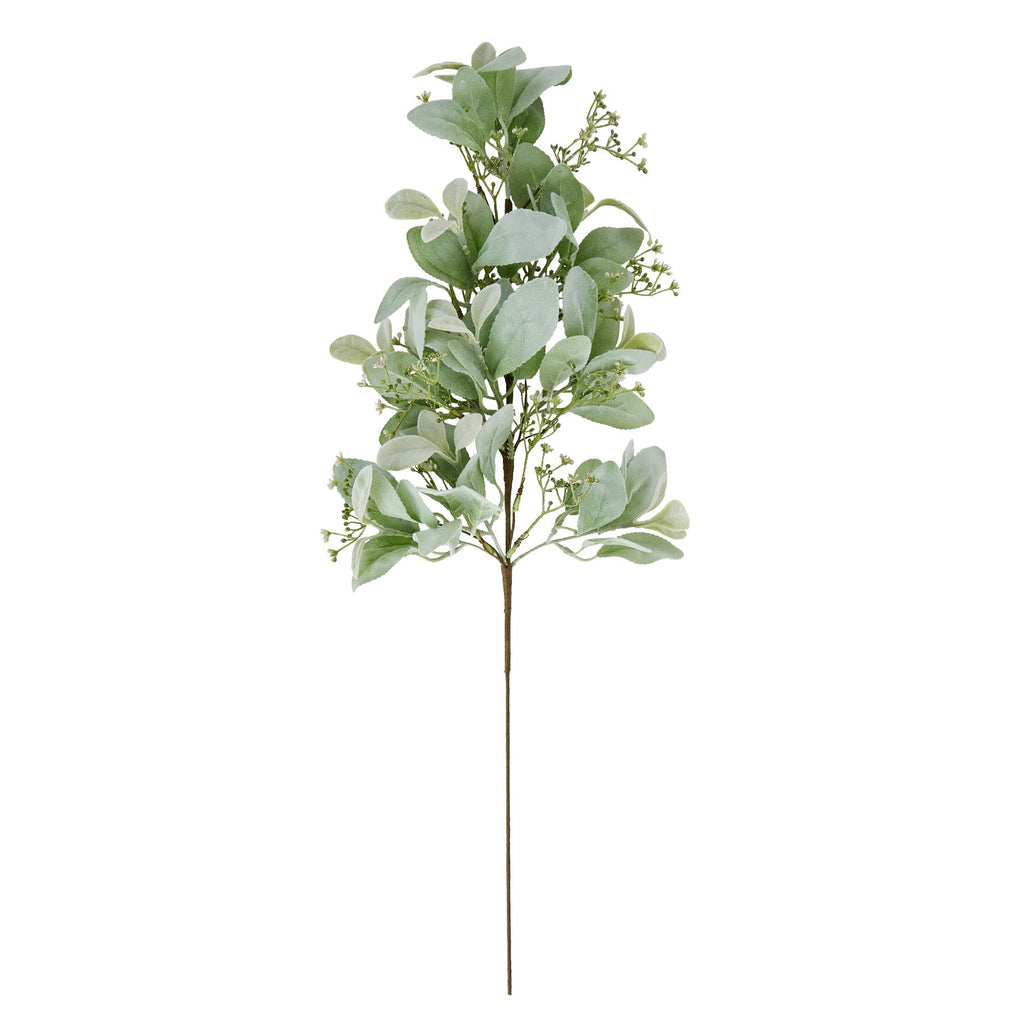 Full view of the Sageleaf Branch artificial foliage spray against white, with a long brown stem, pale sage-green leaves and fine green branches.