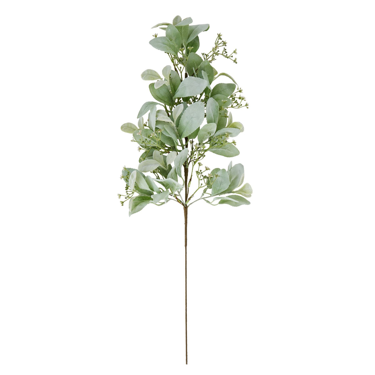 Full view of the Sageleaf Branch artificial foliage spray against white, with a long brown stem, pale sage-green leaves and fine green branches.
