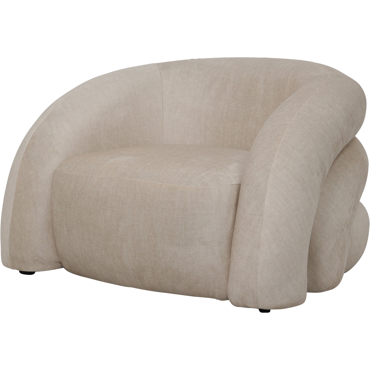 Cream fabric armchair in a front three-quarter view, showing rounded arms, a broad seat cushion and layered upholstery at the side.
