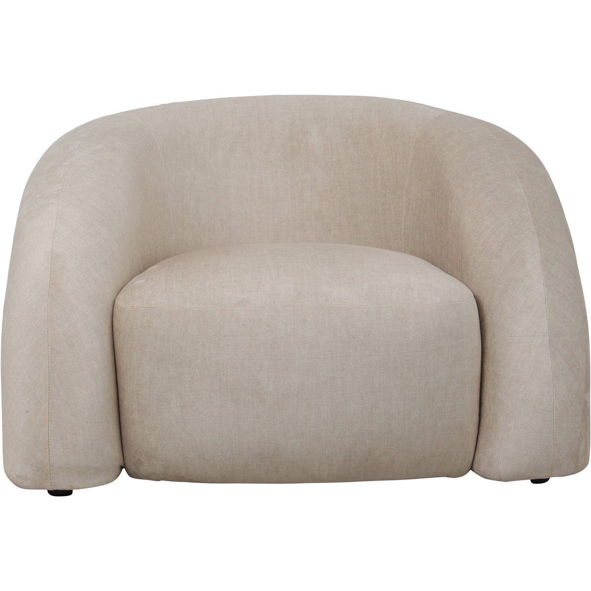 Front view of the cream armchair with a curved back, low rounded arms, one broad seat cushion and small dark feet.