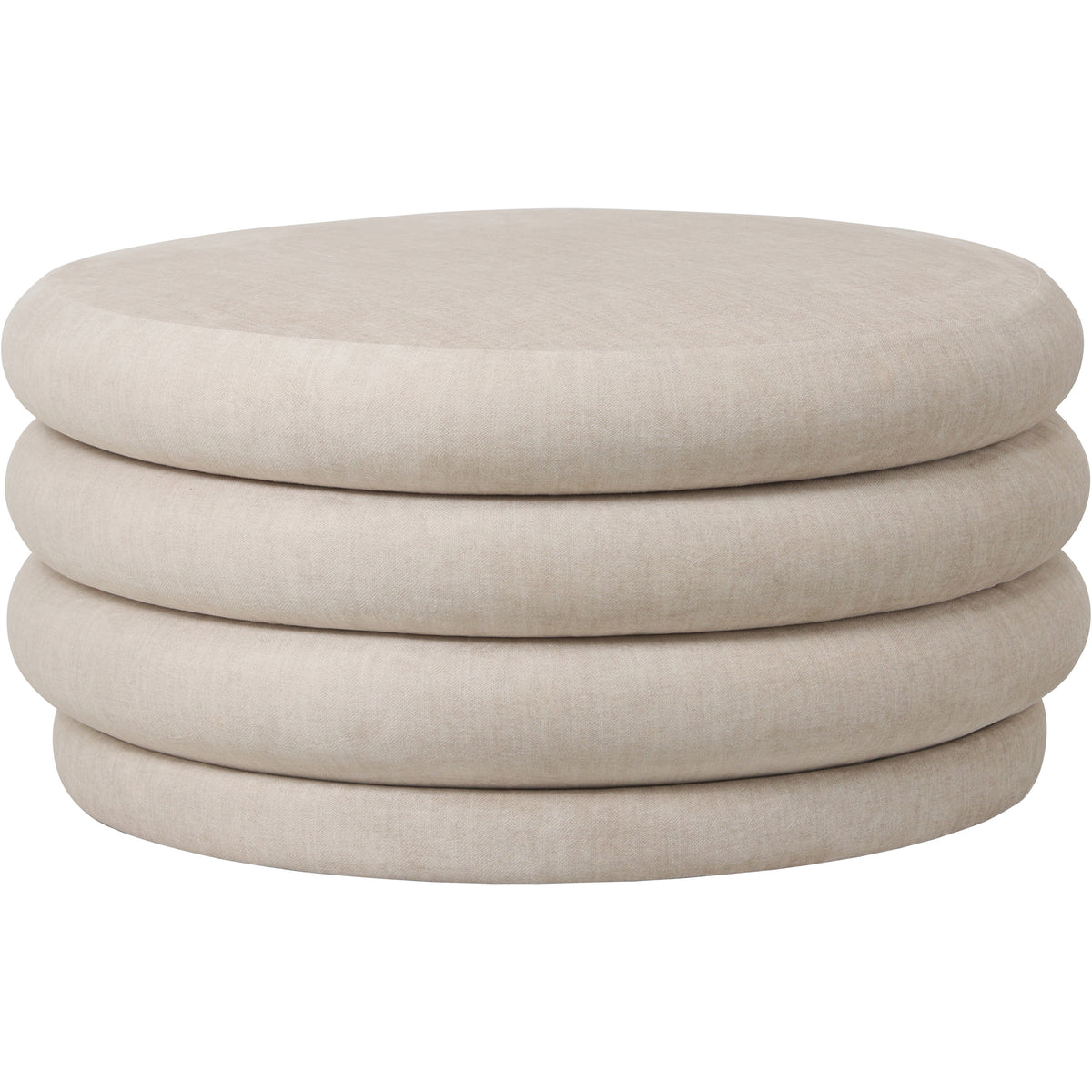 Warm cream round ottoman viewed from the front, showing four horizontal padded bands and the closed top.