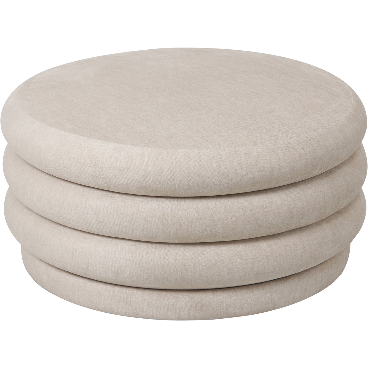 Elevated view of the closed Salon Ottoman, showing its broad circular top and rounded cream fabric bands.
