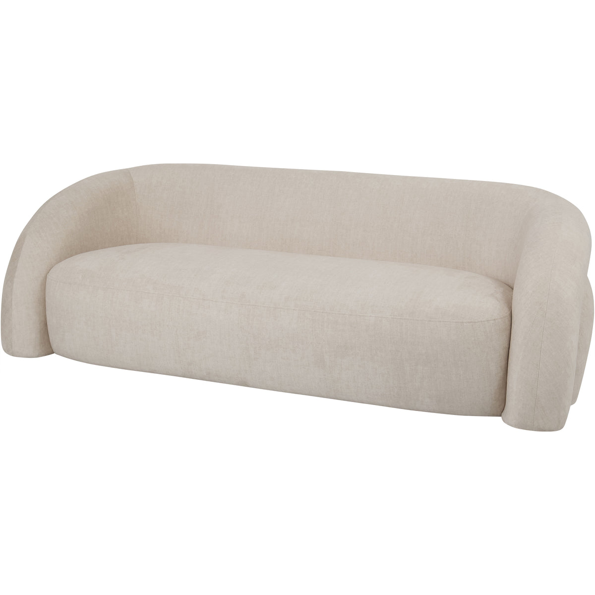 Angled front view of the cream Salon Sofa showing the bench seat projecting slightly beyond the curved surround.