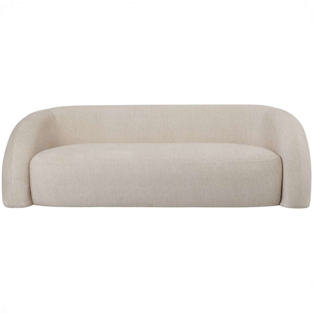 Front view of the cream Salon Sofa with a long padded bench and rounded arms continuous with the low back.
