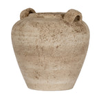 Angled view of the mottled sandy-brown vase showing the openings beneath its thick loop handles.