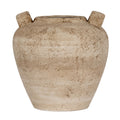 Sandy-brown urn vase facing forward, with rounded shoulders, a tapering base and two handles rising beside the mouth.